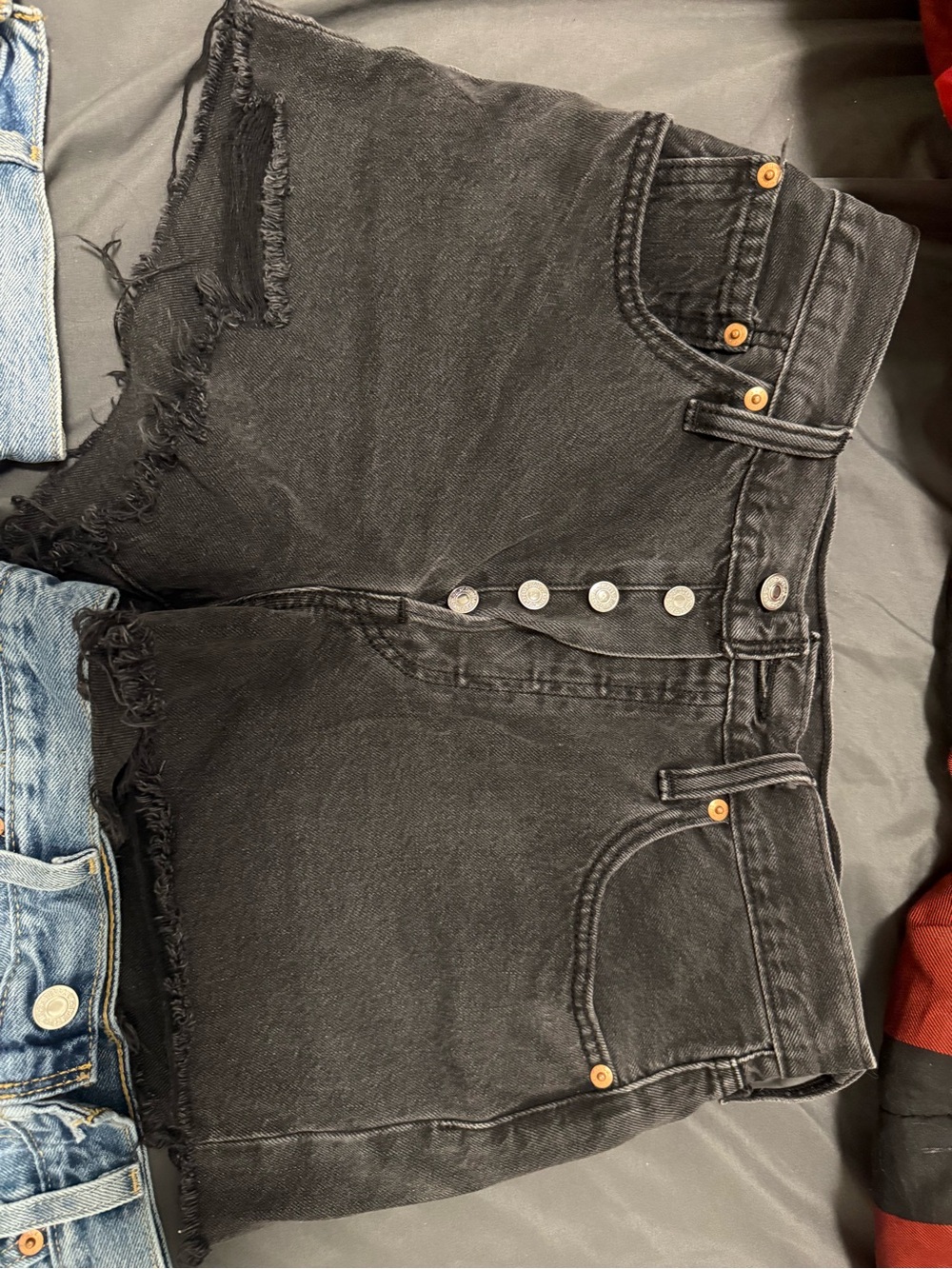 Levi's Black High-Rise Button-Fly Distressed Denim Shorts
